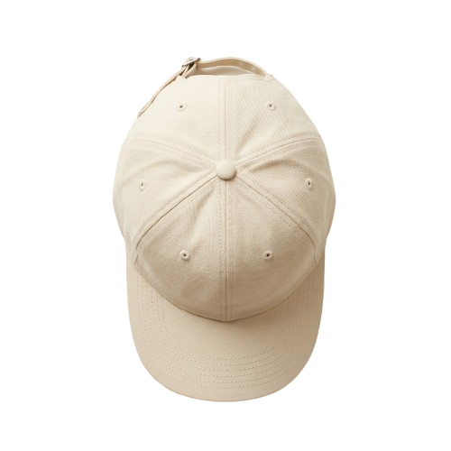 Custom Hats decoration zones — top-down flat-lay of a structured cap showing the front panel, side panels, and visor