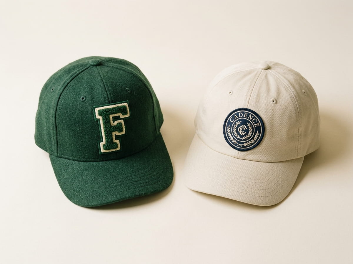 Two caps showing a chenille letter patch and a heritage woven patch side by side