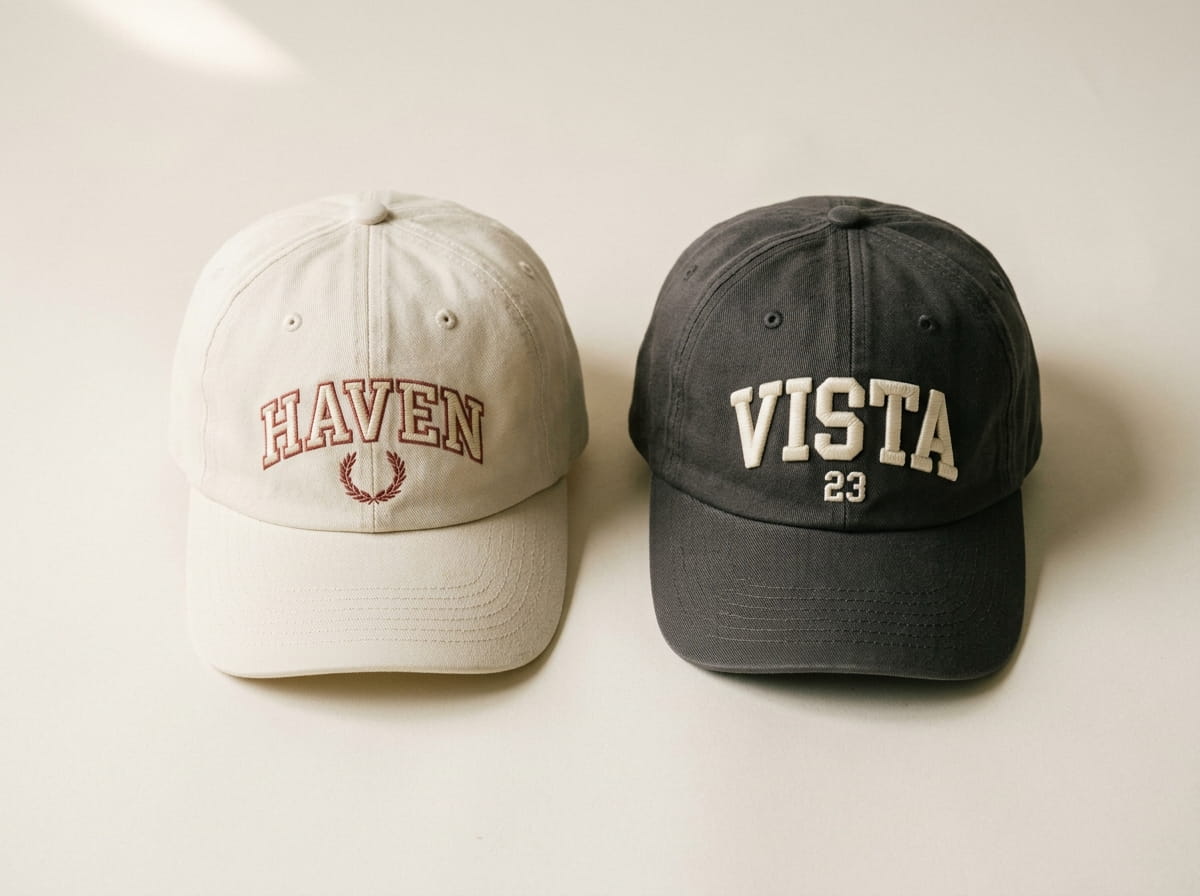 Two cotton-twill caps showing flat embroidery and 3D puff embroidery side by side