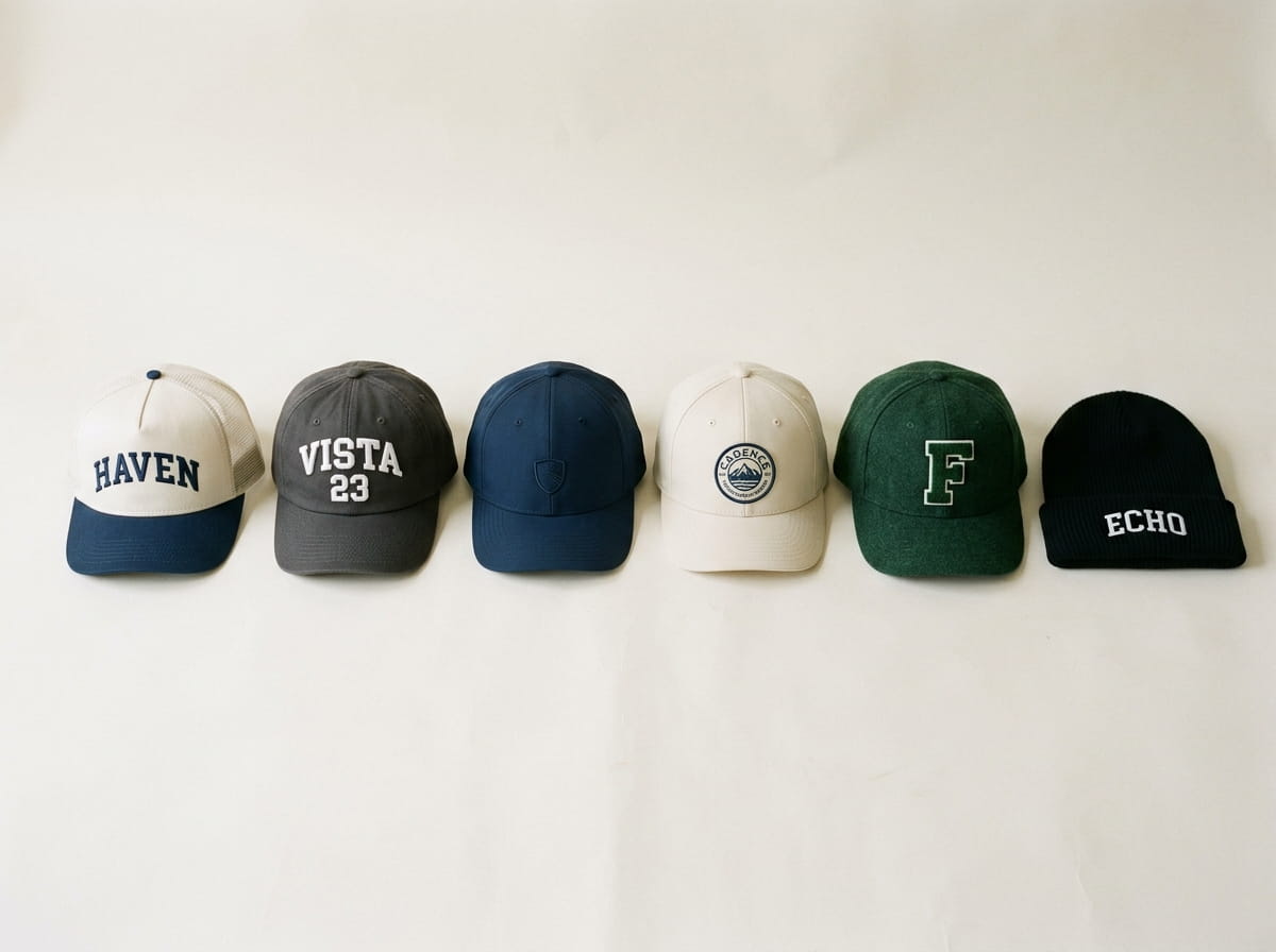 Six hats in different fabrics and decoration treatments laid in a row