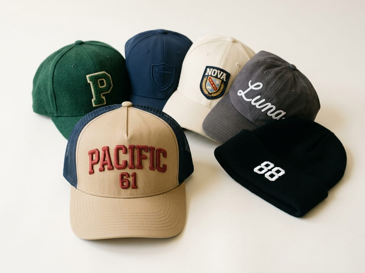 Stack of decorated caps in bulk for a team and event order