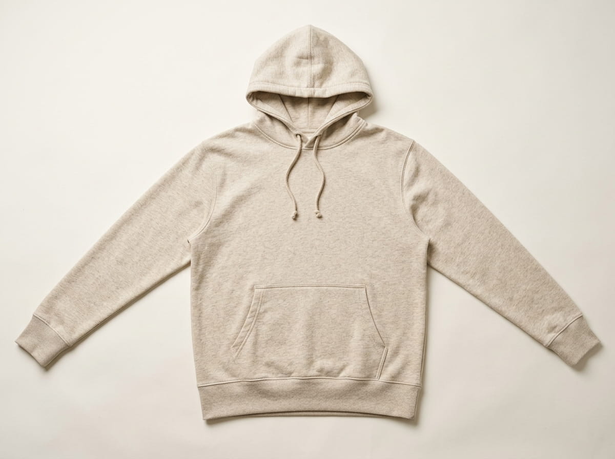 Custom pullover hoodie anatomy — hood with drawcord, front chest panel, long set-in sleeve, kangaroo pocket, ribbed cuffs and hem