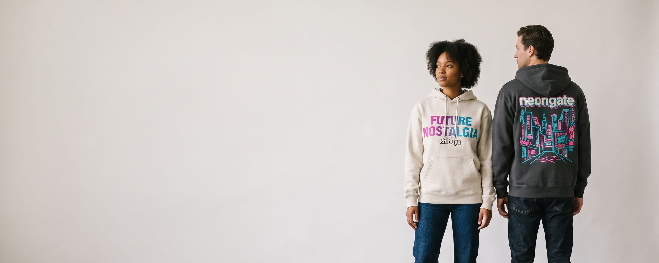 Two lifestyle models in decorated custom hoodies — woman in an oatmeal cotton-poly fleece pullover hoodie with a full-chest embroidered graphic + man in an anthracite heavyweight brushed-fleece full-zip hoodie with a full-back embroidered graphic