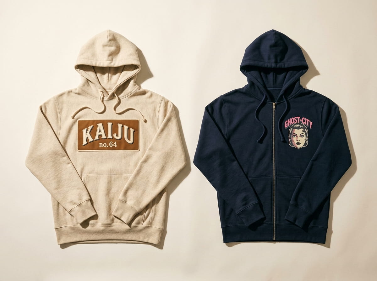 Two fleece hoodies showing a heritage twill banner patch and a full-color DTG print side by side