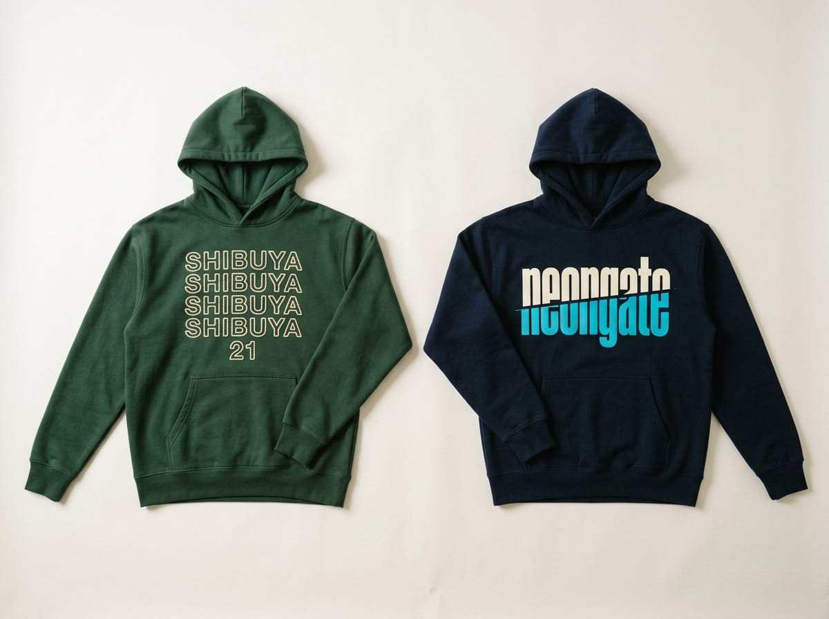 Two fleece hoodies showing chain-stitch embroidery and a screen print side by side