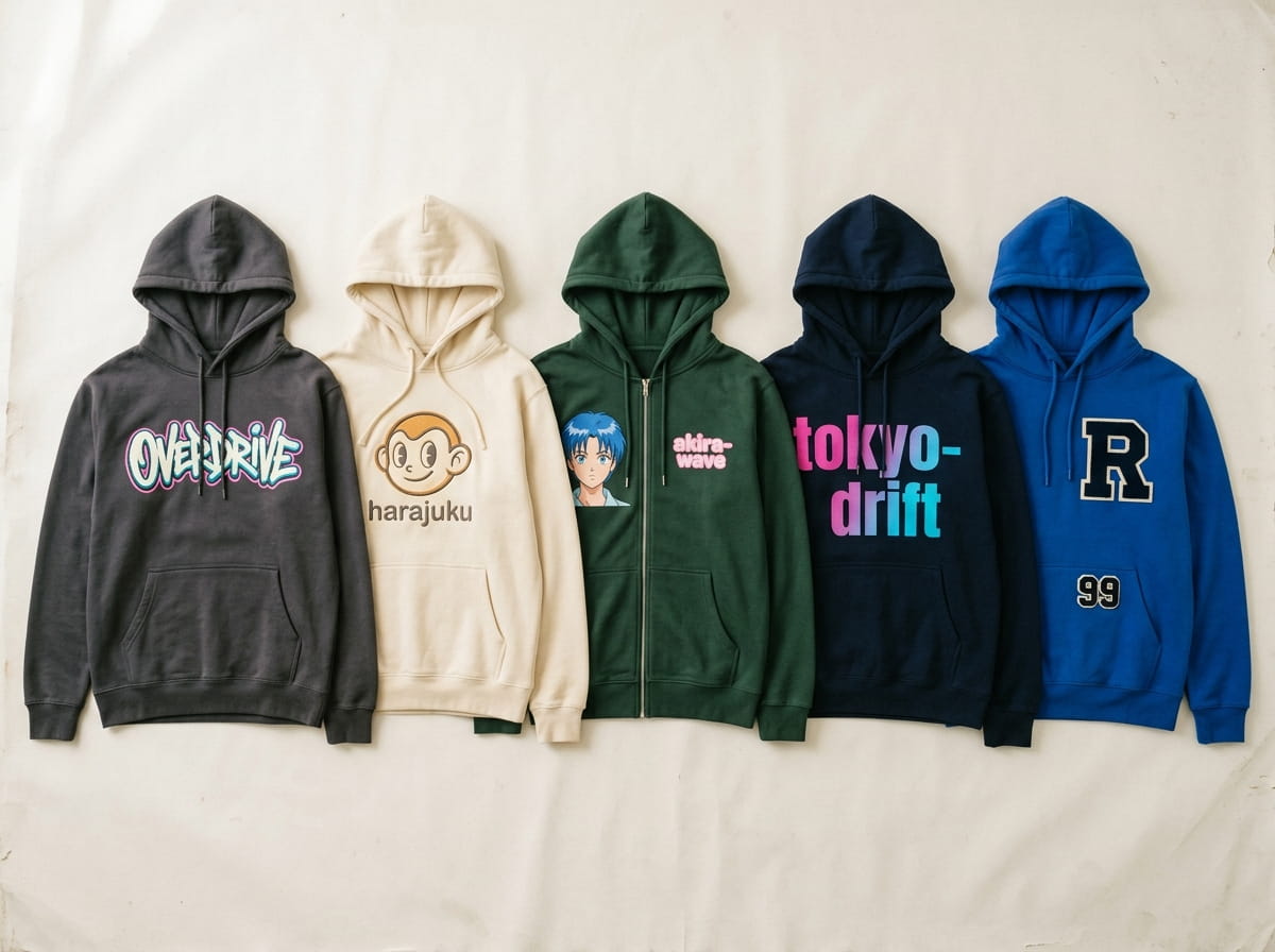 Five fleece hoodies in different fabrics and decoration treatments laid in a row