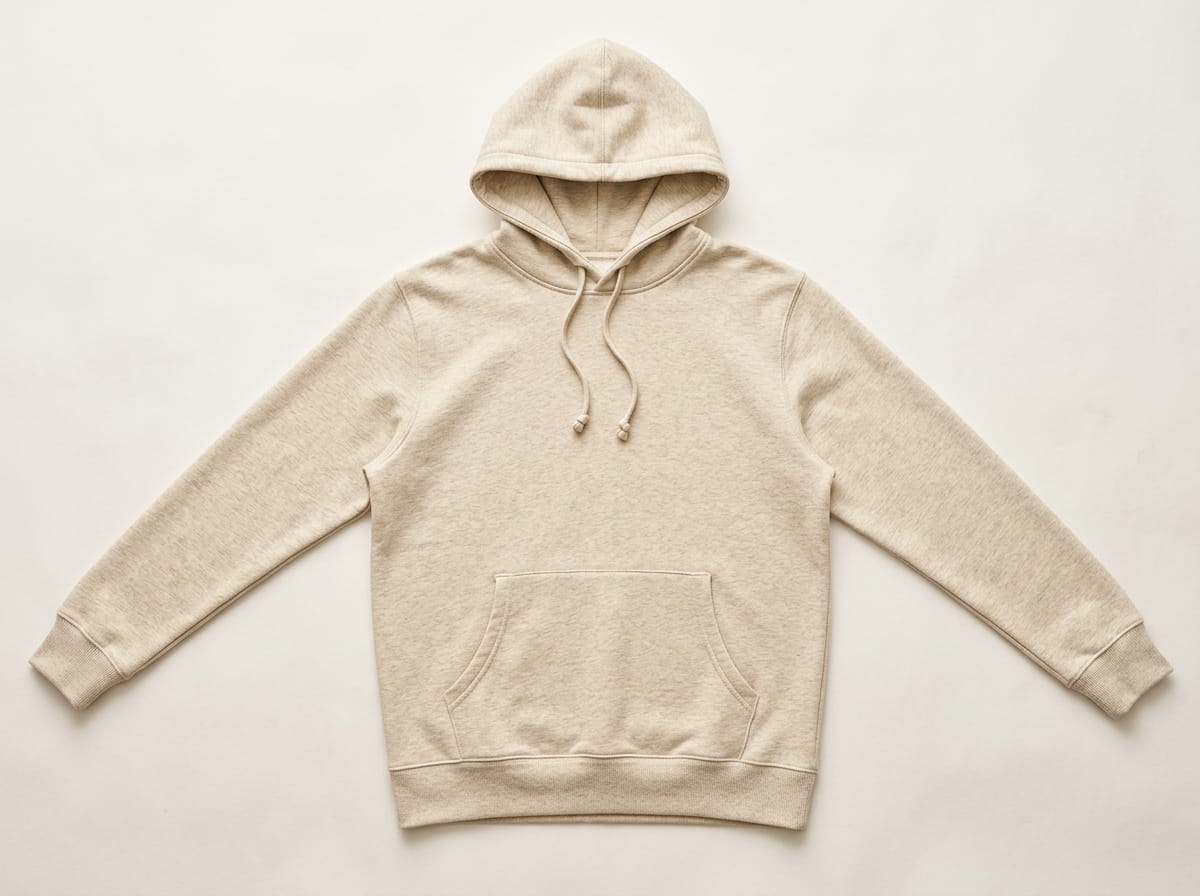 Custom pullover hoodie anatomy — hood with drawcord, front chest panel, long set-in sleeve, kangaroo pocket, ribbed cuffs and hem
