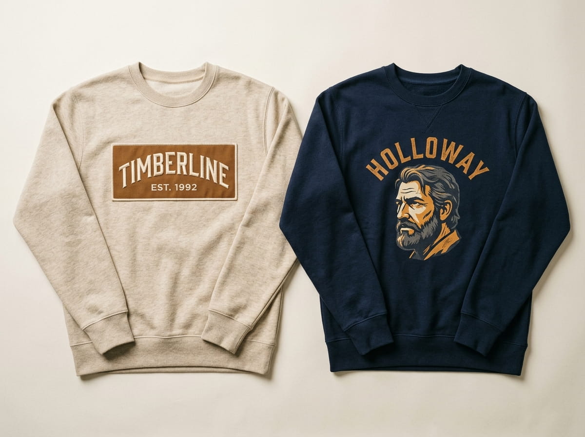 Two fleece sweaters showing a heritage twill banner patch and a full-color DTG print side by side