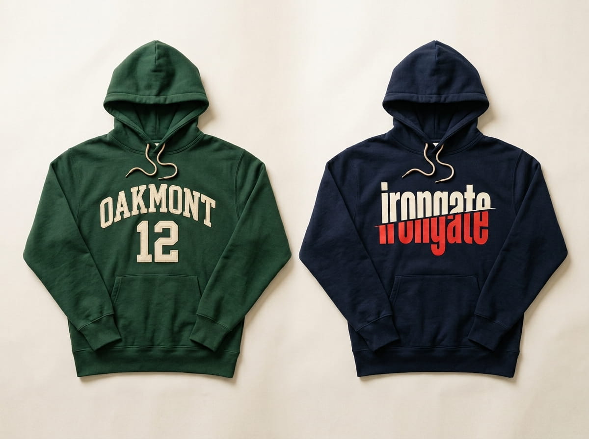 Two fleece hoodies showing chain-stitch embroidery and a screen print side by side