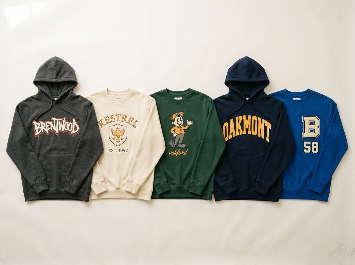 Five fleece hoodies and sweaters in different fabrics and decoration treatments laid in a row