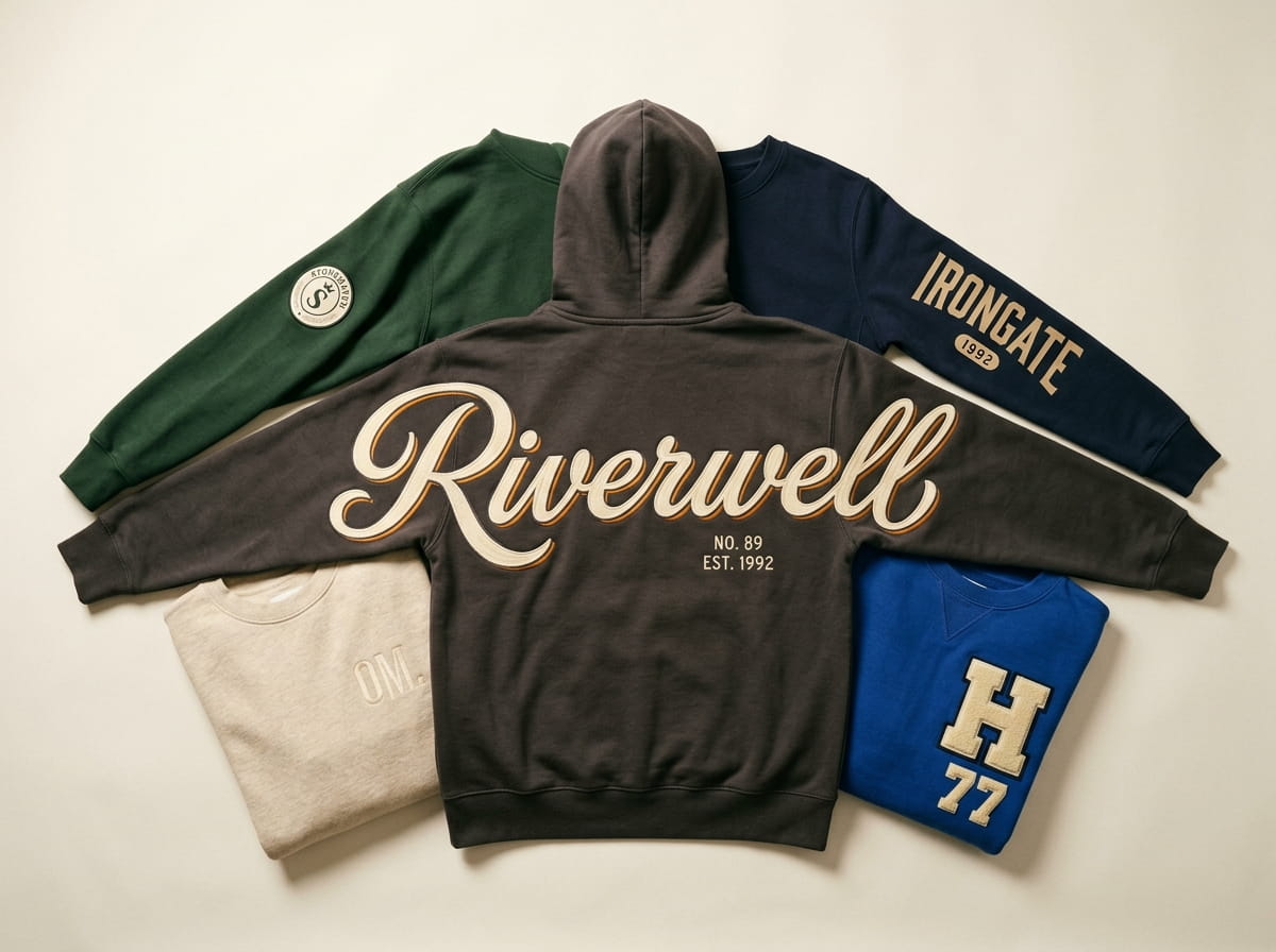 Stack of fleece hoodies and sweaters in bulk for a team and event order
