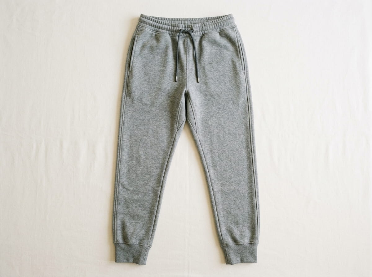 Custom jogger anatomy — elasticated drawcord waistband, tapered leg, full-leg side seam, front thigh panel, banded ankle cuff