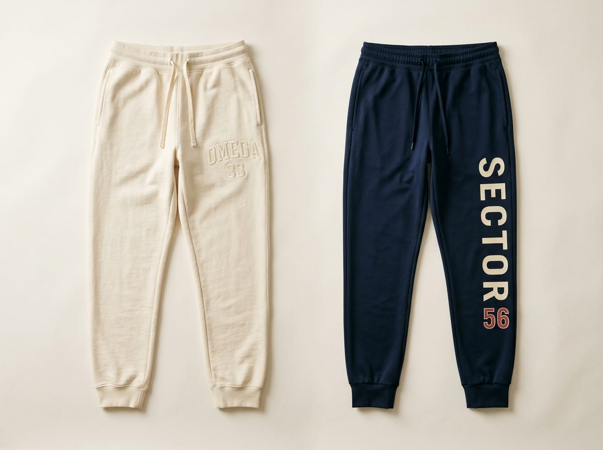 Two joggers showing an embroidered thigh emblem and a woven waistband label side by side