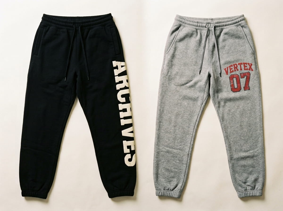 Two joggers showing a front-thigh screen print and a vertical side-seam wordmark side by side
