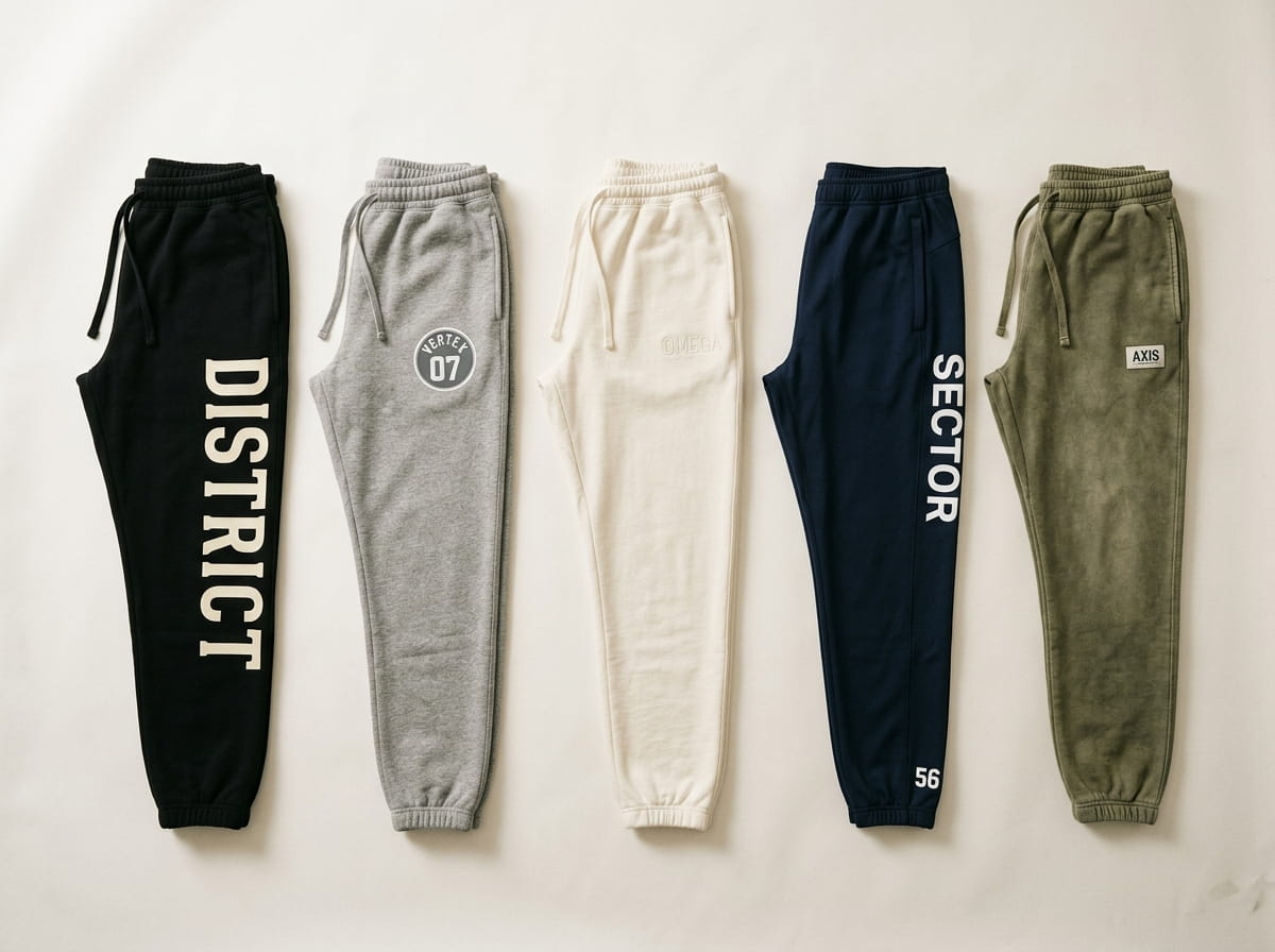 Five joggers in different fabrics and decoration treatments laid in a row