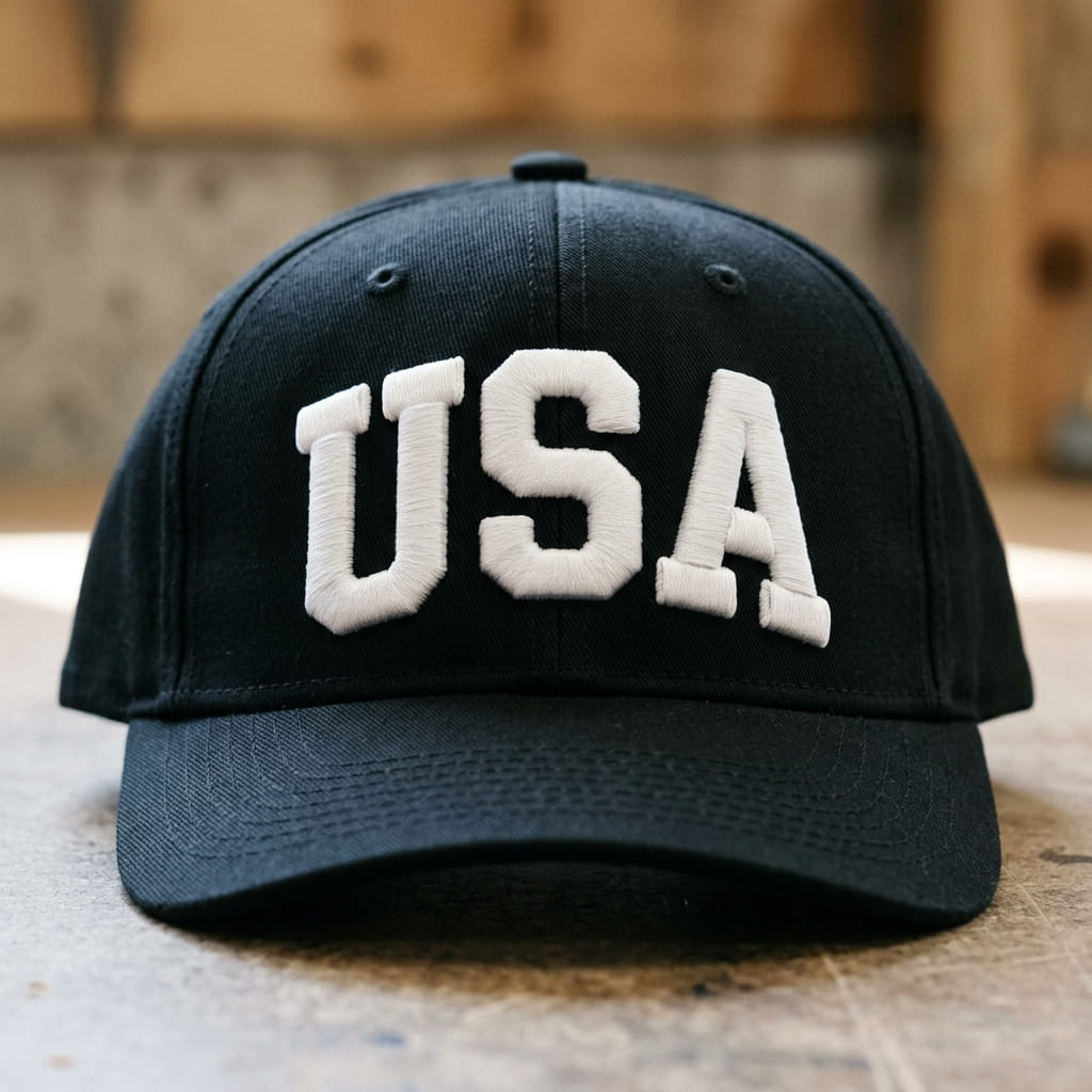 Bold foam-raised 3D puff lettering on a cap