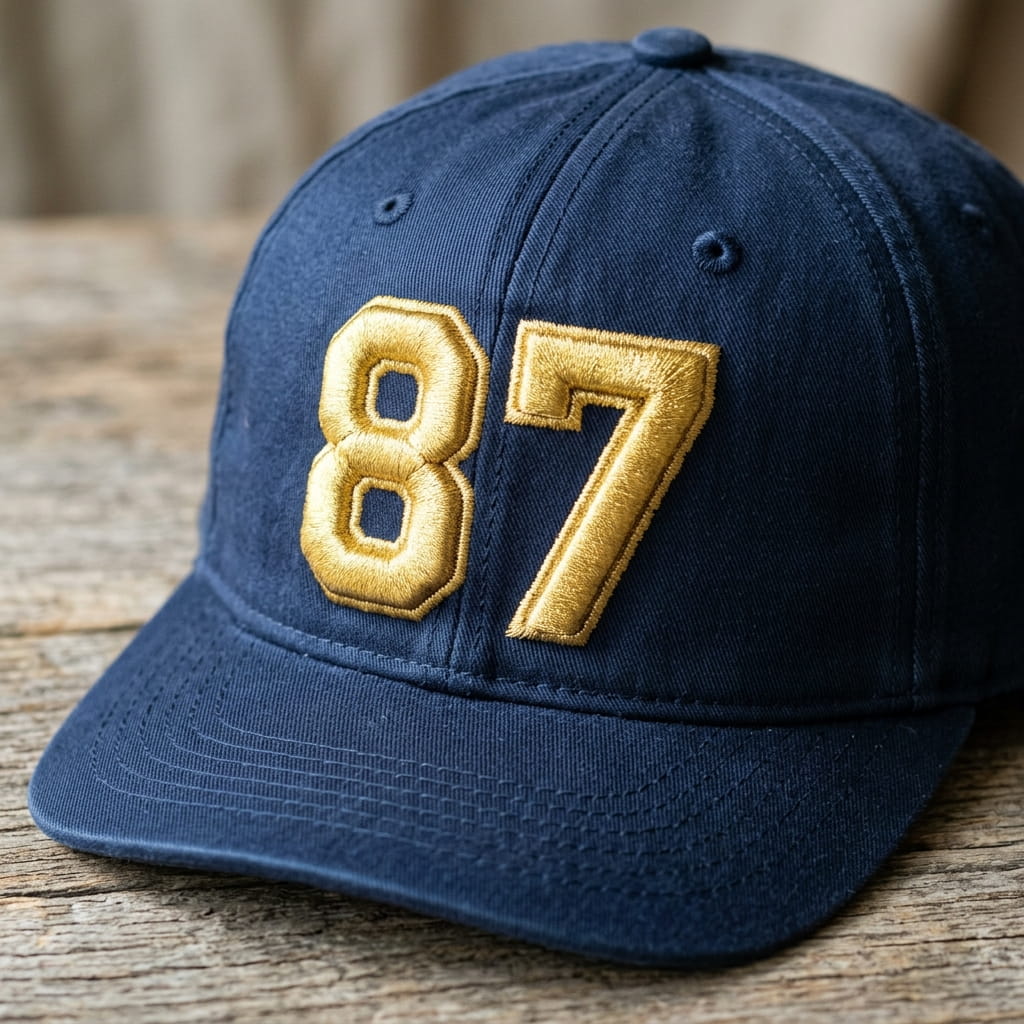 Metallic-thread 3D puff number on a cap