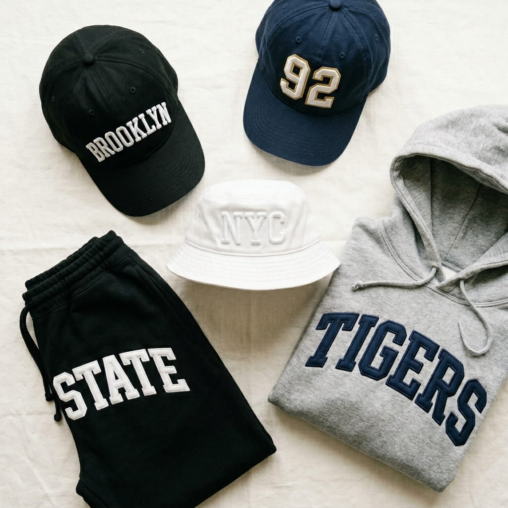 Custom puff-embroidered caps and apparel proofs