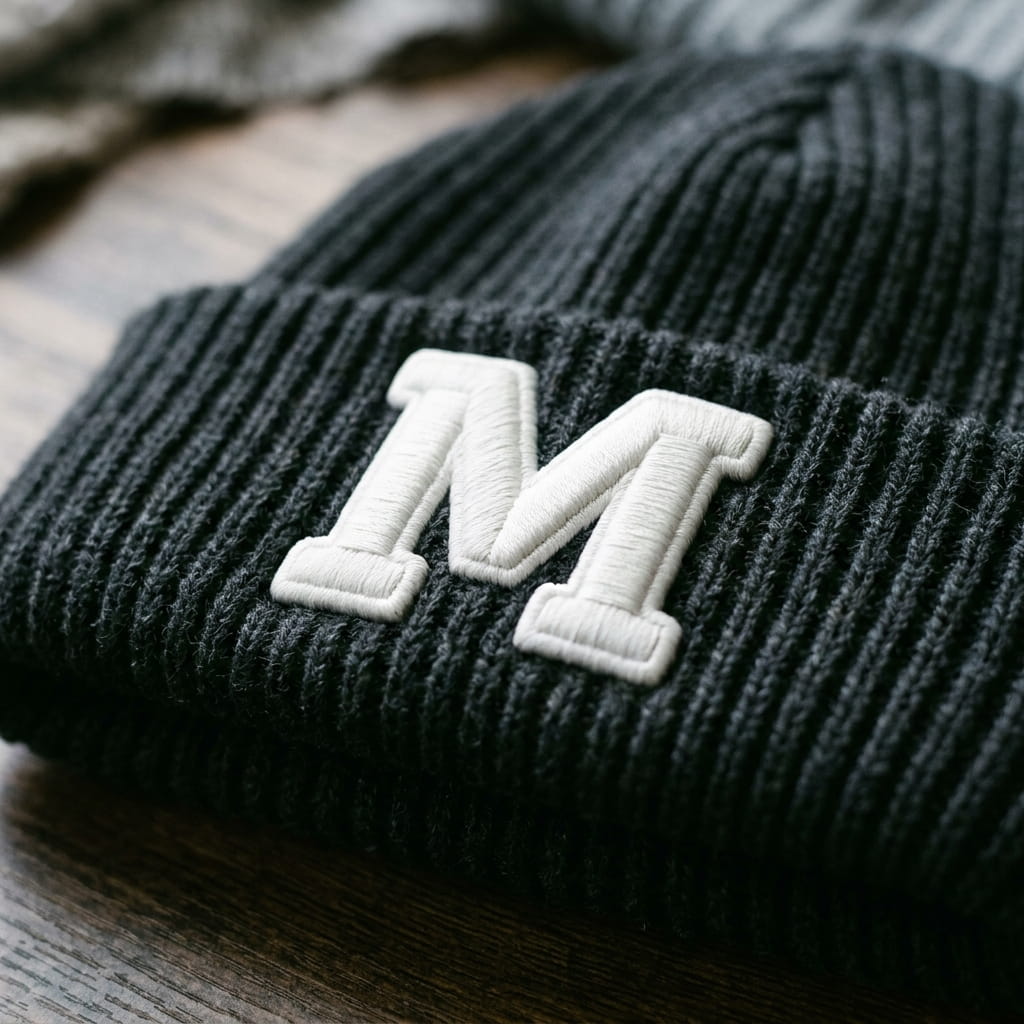 Foam-raised puff embroidery edge on a beanie