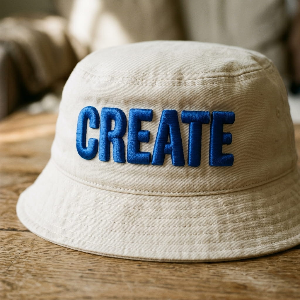 High-contrast puff embroidery on a bucket hat