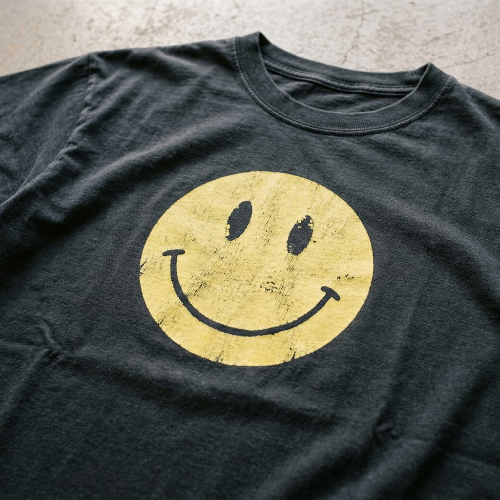 Close-up of a soft discharge print on a dark cotton t-shirt