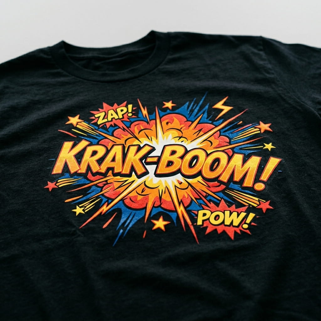 Close-up of a bold opaque plastisol print on a black t-shirt