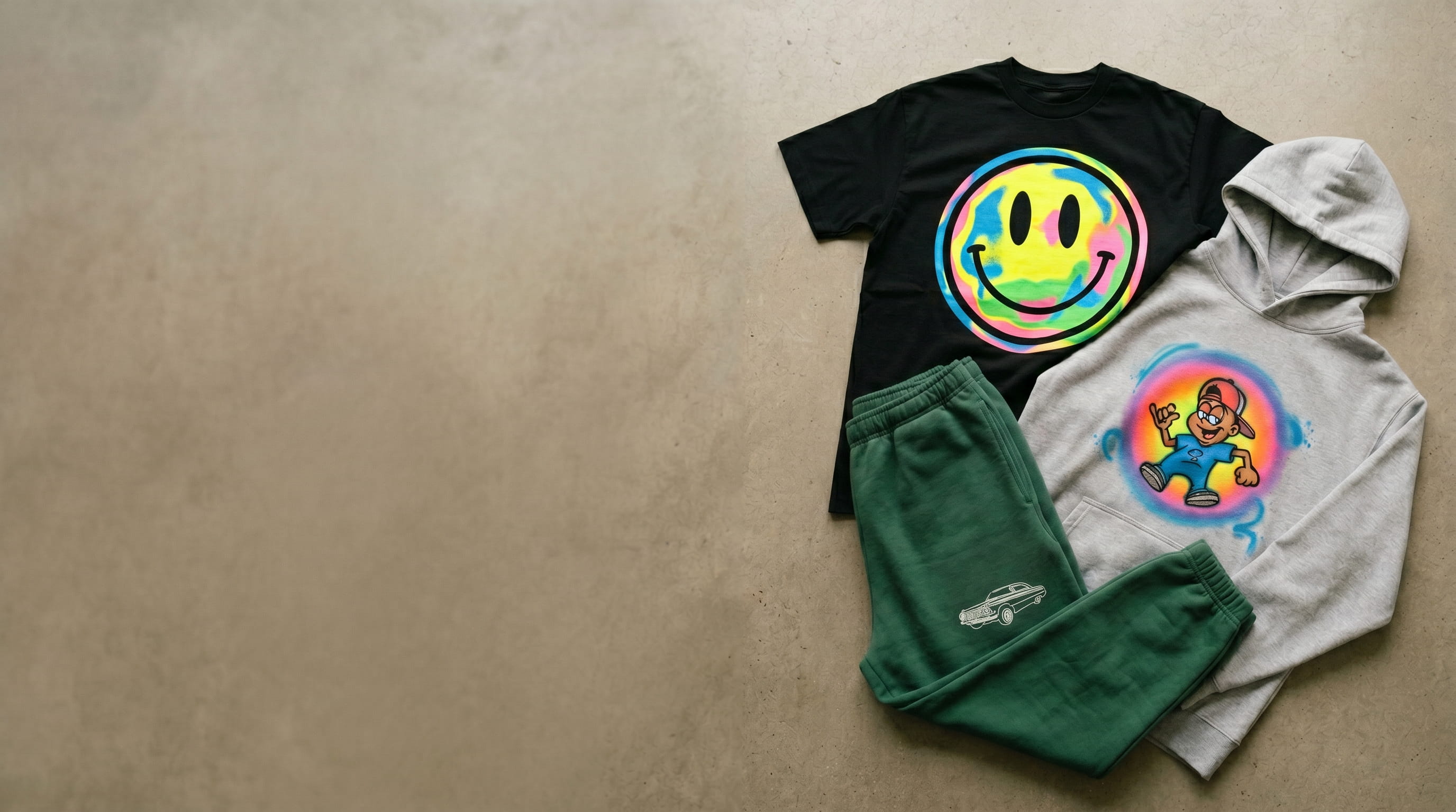 Bold, opaque, vivid plastisol screen prints on a t-shirt, hoodie, and sweatpants