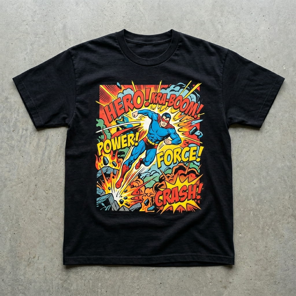 Bold vivid multi-color plastisol screen print on a cotton t-shirt