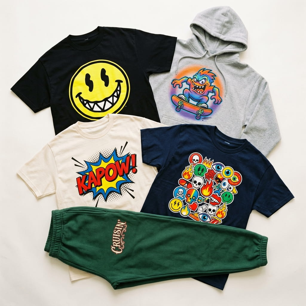 Flat-lay of bold vivid plastisol-printed tees, hoodies, and sweatpants