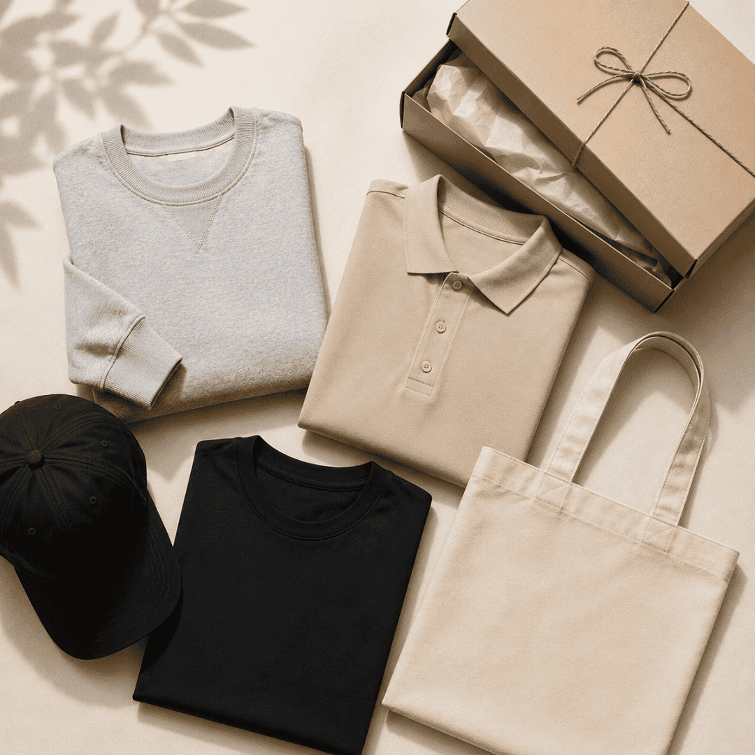 A full range of custom onboarding kit merch decorated by DTLA Print