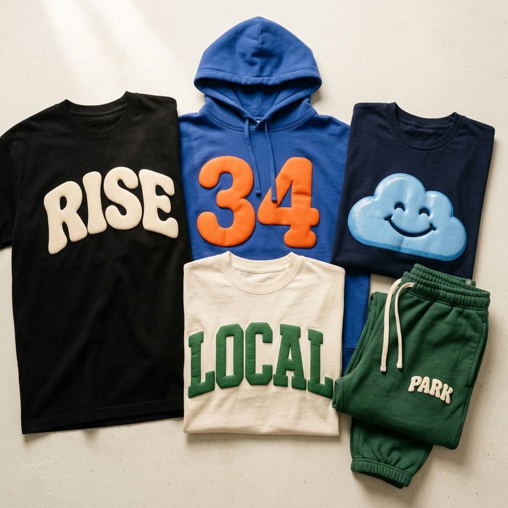Flat-lay of bold raised 3D puff-printed tees, hoodies, and sweatpants