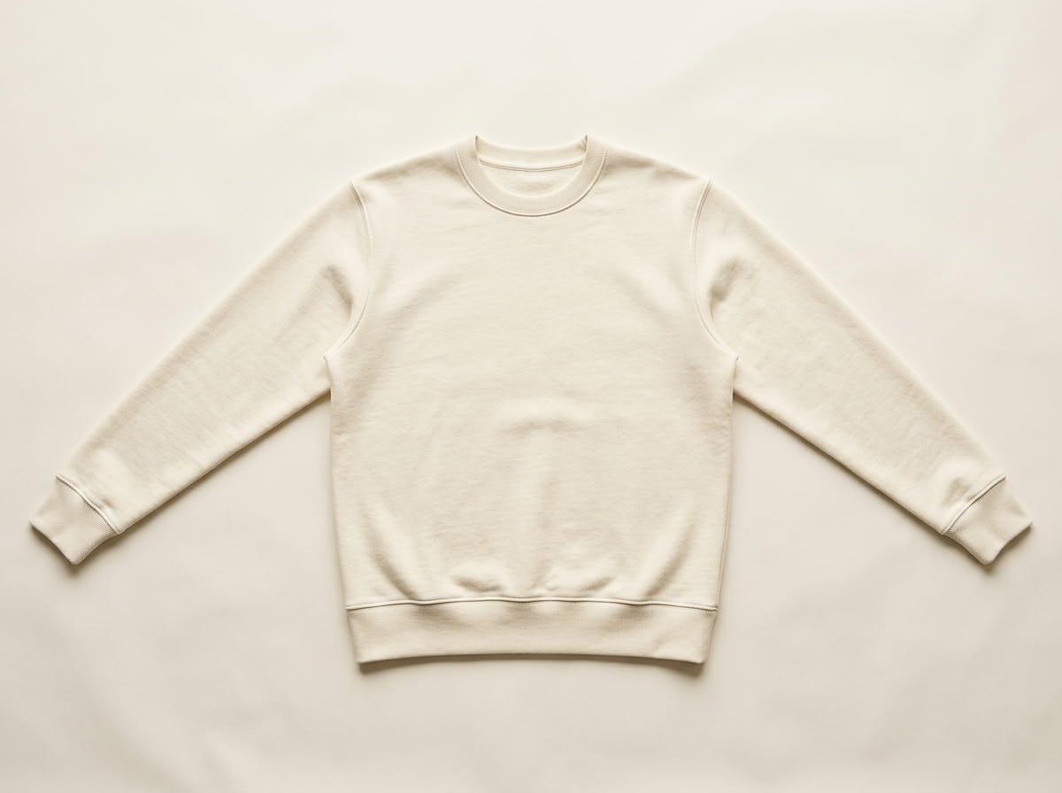 Custom crewneck pullover sweatshirt anatomy — ribbed crew neckline, front chest panel, long set-in sleeve, clean body panel, ribbed cuffs and hem