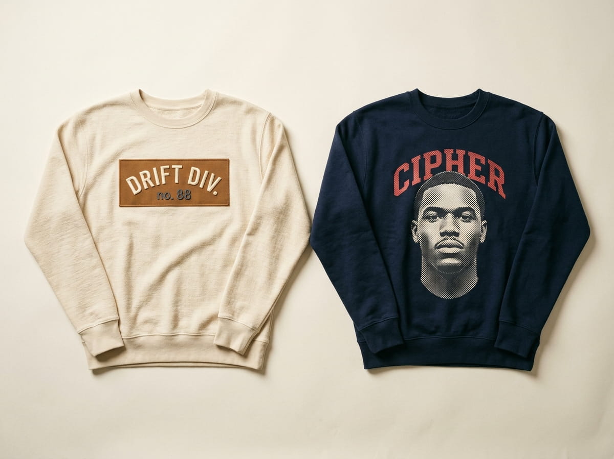 Two fleece crewneck sweatshirts showing a heritage twill banner patch and a full-color DTG print side by side
