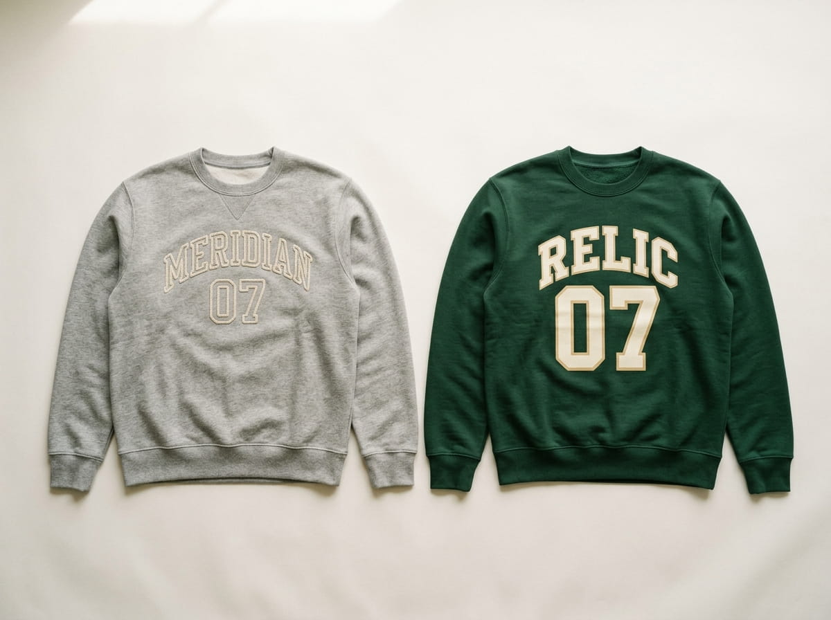 Two fleece crewneck sweatshirts showing chain-stitch embroidery and a screen print side by side