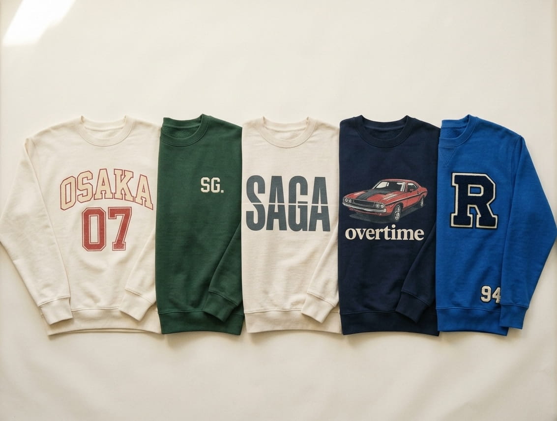 Five fleece crewneck and pullover sweatshirts in different fabrics and decoration treatments laid in a row