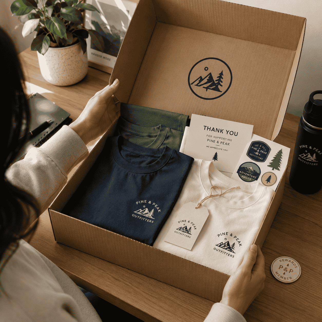 Custom decorated merch beside a green seedling