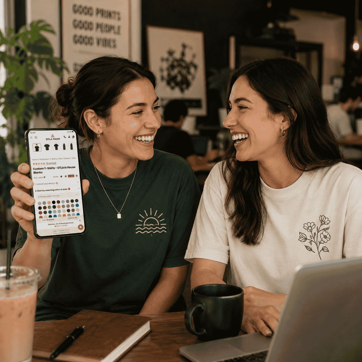 Two custom-decorated tees side by side — refer a friend