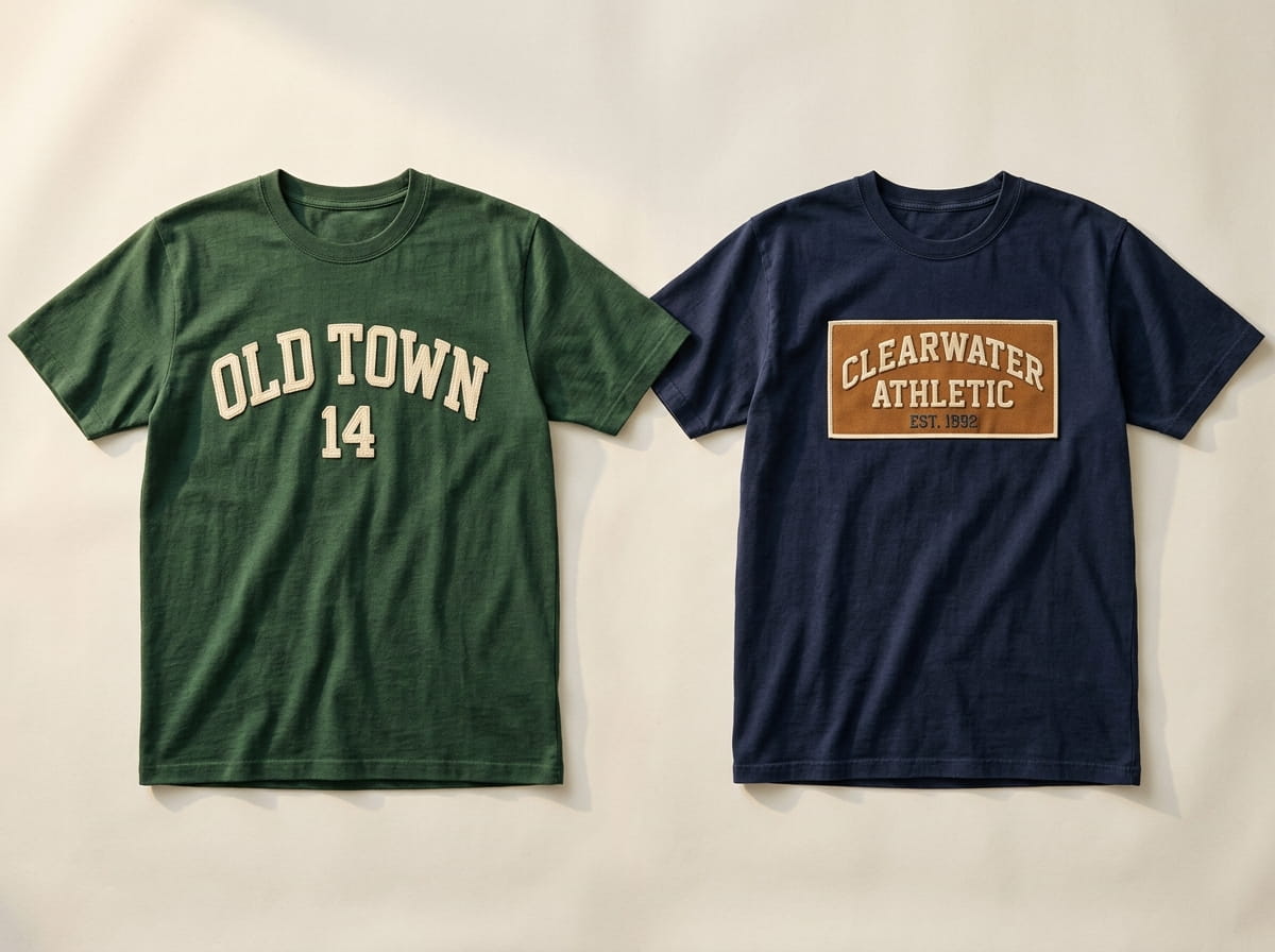 Two short-sleeve cotton tees showing chain-stitch embroidery and a heritage twill banner patch side by side