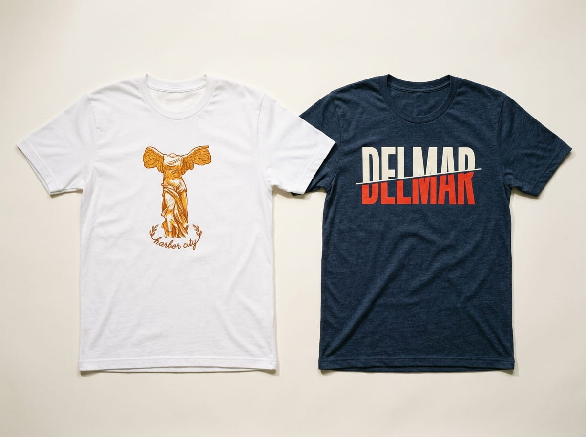 Two short-sleeve cotton tees showing a full-chest screen print and a full-color DTG print side by side