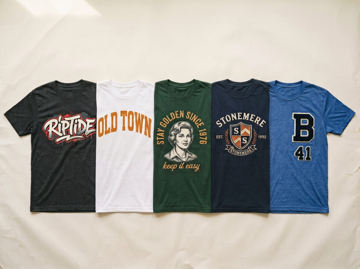 Five short-sleeve cotton tees in different fabrics and decoration treatments laid in a row