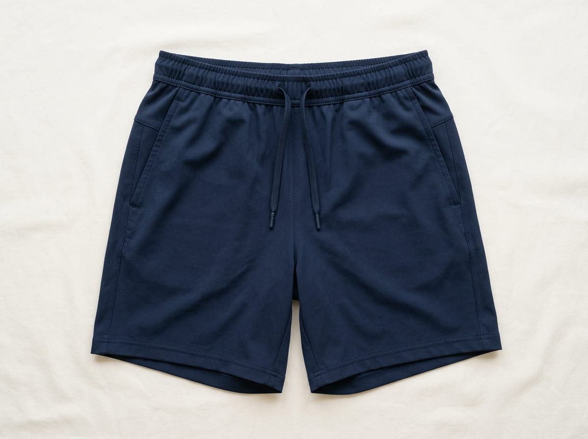 Custom shorts anatomy — elastic waistband and drawcord, front leg panel, side seam pocket, back hip pocket, hem and inseam