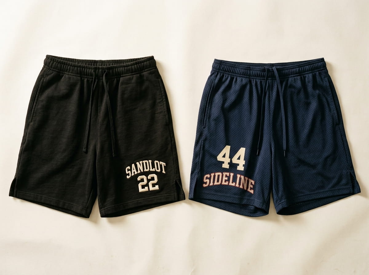 Two pairs of shorts showing an embroidered leg wordmark and a heat-pressed leg number side by side