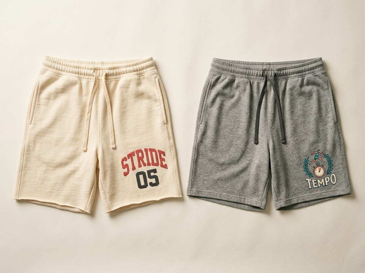 Two pairs of shorts showing a screen-printed hip logo and a full-color DTG leg print side by side