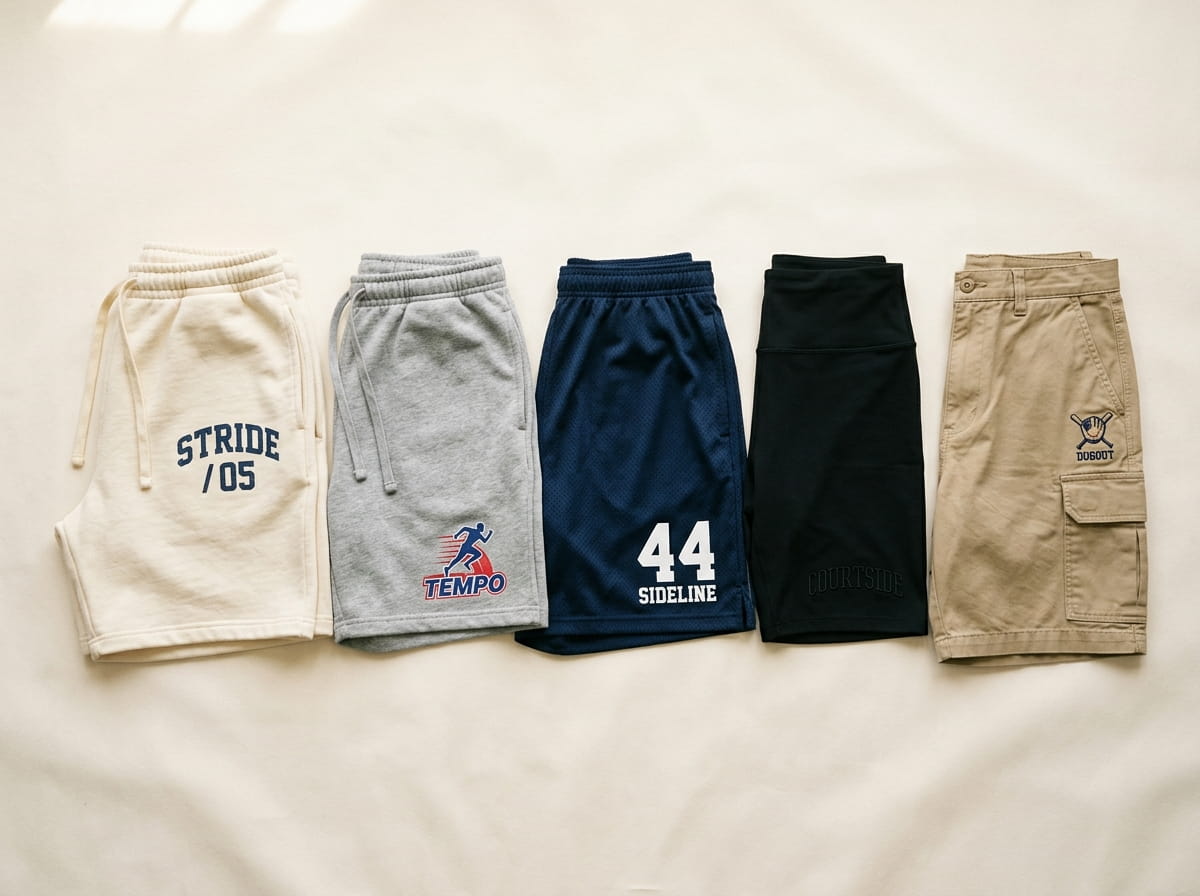 Five pairs of shorts in different fabrics and decoration treatments laid in a row