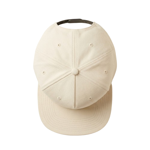 Custom Snapback decoration zones — top-down flat-lay showing the tall front panel, side panels, and flat visor