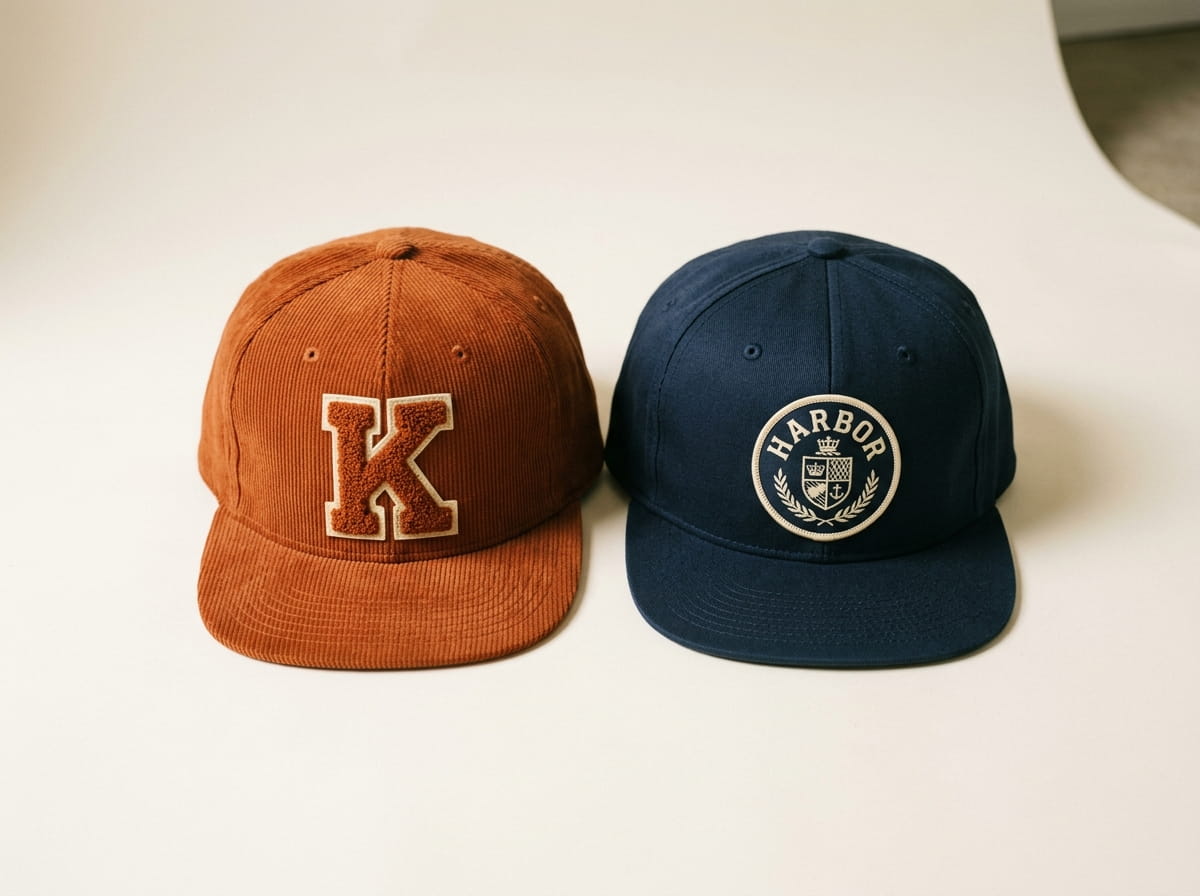 Two snapbacks showing a chenille letter patch and a heritage woven patch side by side