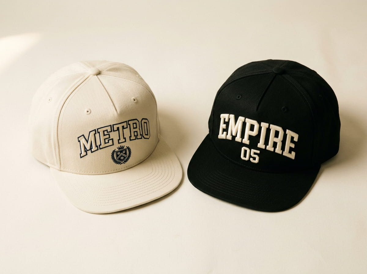 Two cotton-twill snapbacks showing flat embroidery and bold 3D puff embroidery side by side