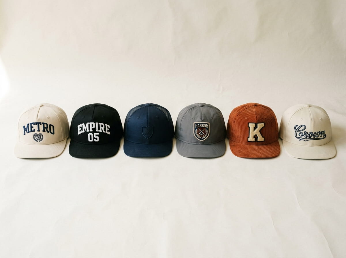 Six snapbacks in different fabrics and decoration treatments laid in a row