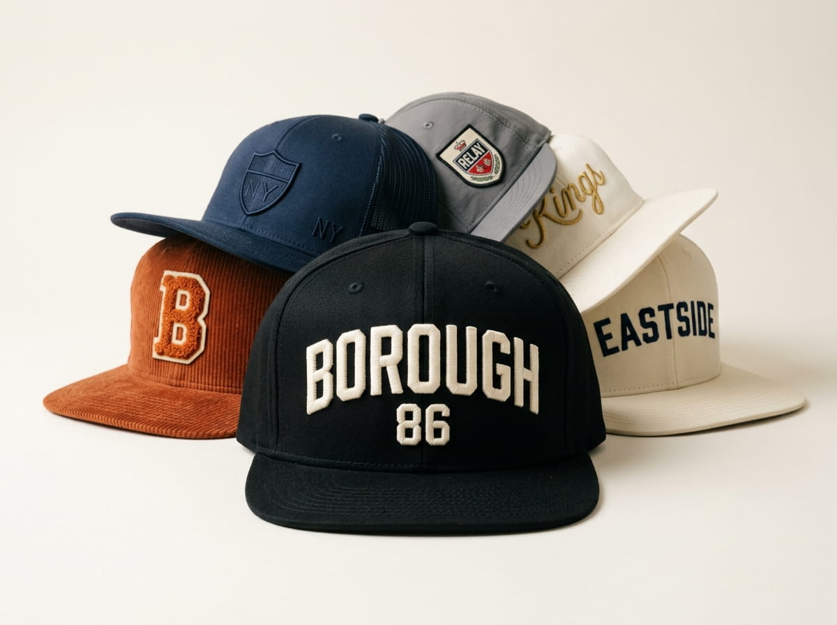 Stack of decorated snapbacks in bulk for a streetwear and team order