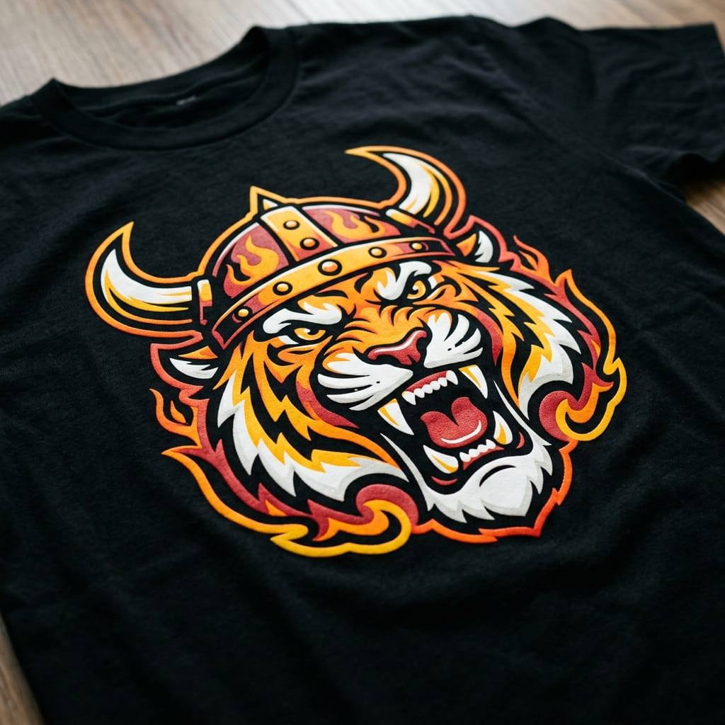 Close-up of a bold opaque plastisol screen print on a black t-shirt